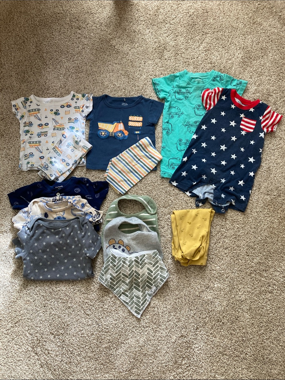 12 Month Cotton Boy Bundle Rompers, Onesies, Bibs, Pajama Sets Carters